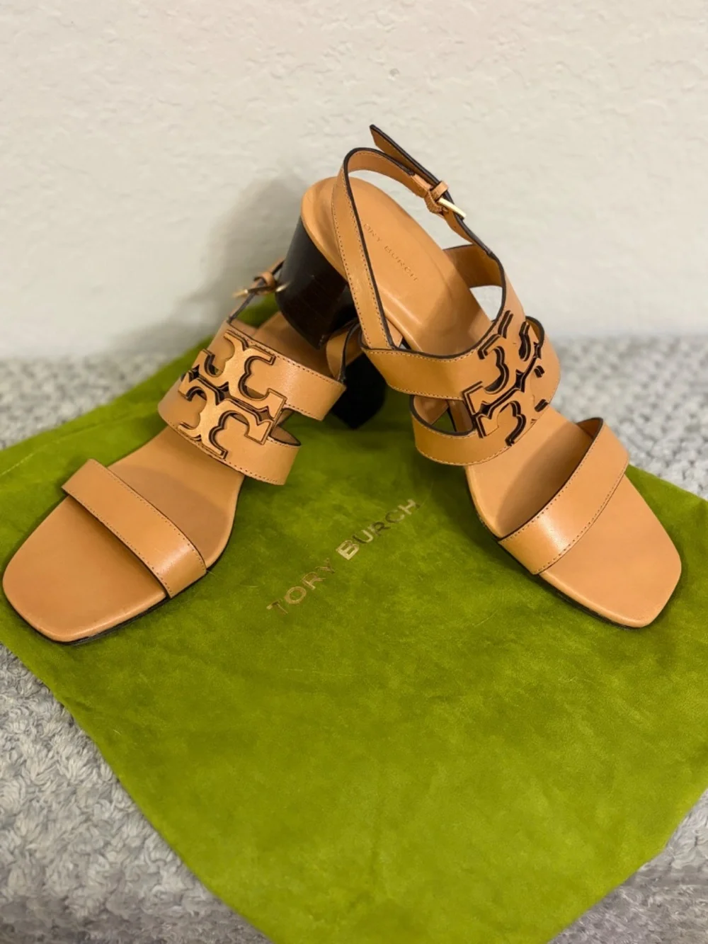 Tory Burch Tan Leather Block Heel Sandals